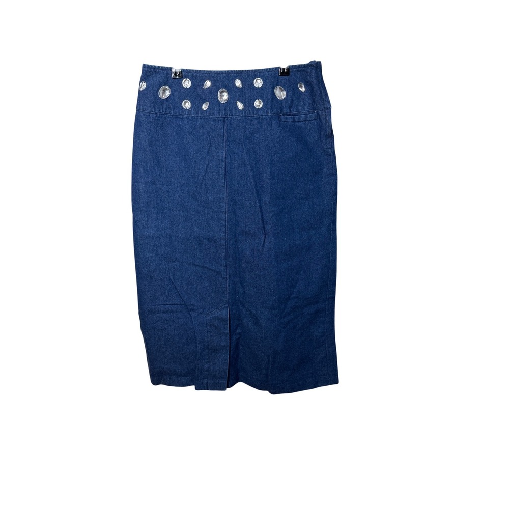 Vintage Regina Porter Denim Rhinestone Embellished Midi Pencil Skirt Blue 14‎